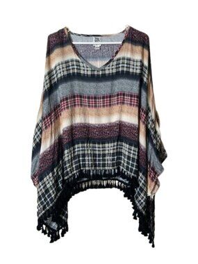Ivy Jane mixed print tassel fringe cold shoulder poncho womens OS NWT